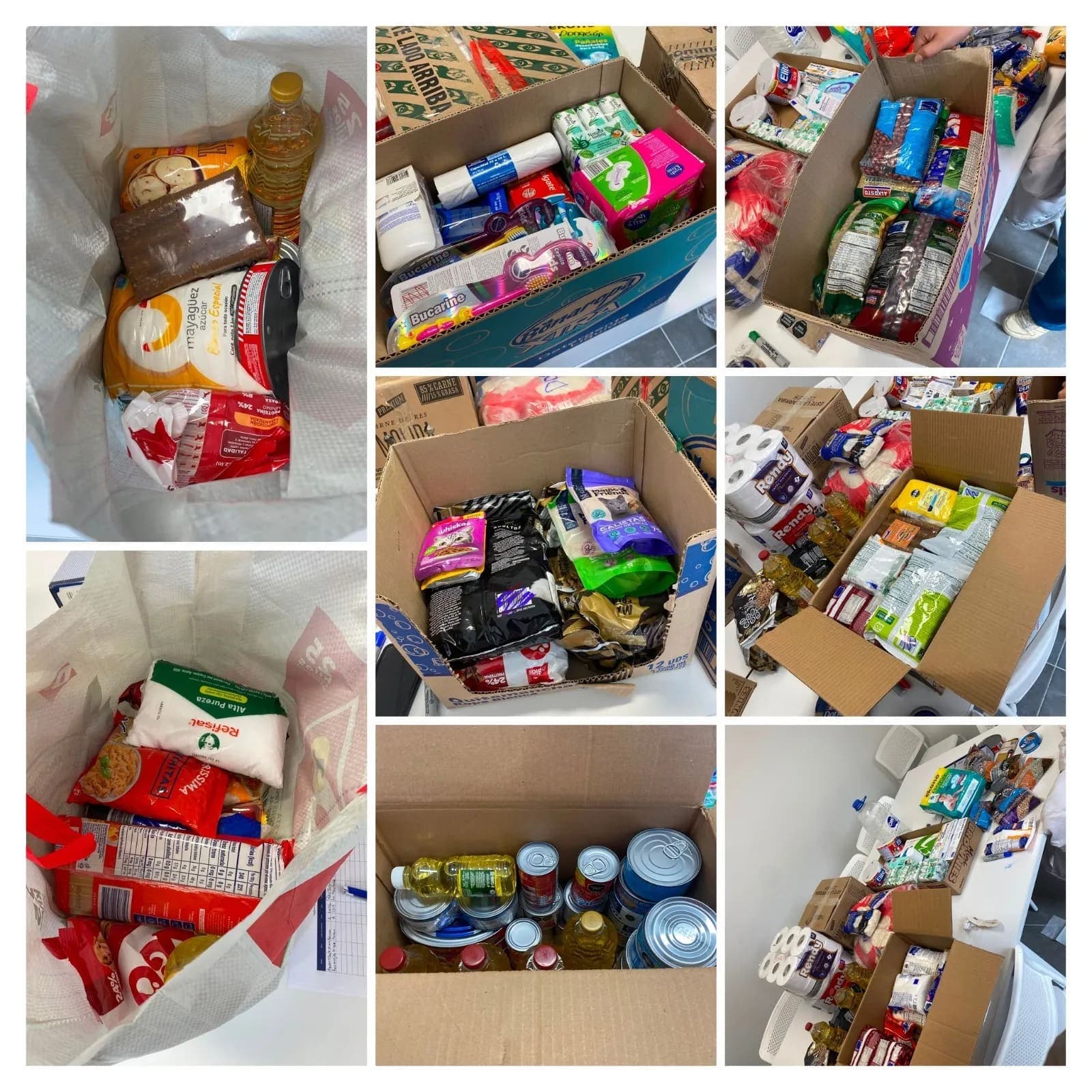Mercados ya armados por los vecinos: bolsas con aceite, azúcar, arroz y pastas, y cajas clasificadas con elementos de aseo, pañales y alimento para mascotas