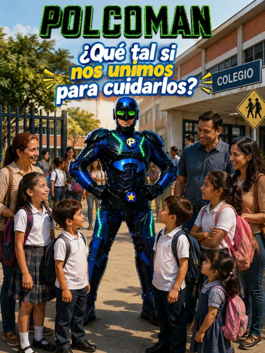 Afiche de POLCOMAN: un personaje con armadura azul y luces verdes rodeado de niñas, niños y familias a la entrada de un colegio, con la frase ¿Qué tal si nos unimos para cuidarlos?
